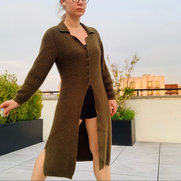 SOLD ON MERC Italian Knit Thick Long Mohair Wool Duster Cardigan Army Green - Picture 4 of 16